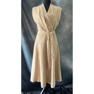 DKNY Sleeveless Wrap Midi Dress Belted Linen Blend Beige Size 8 Career